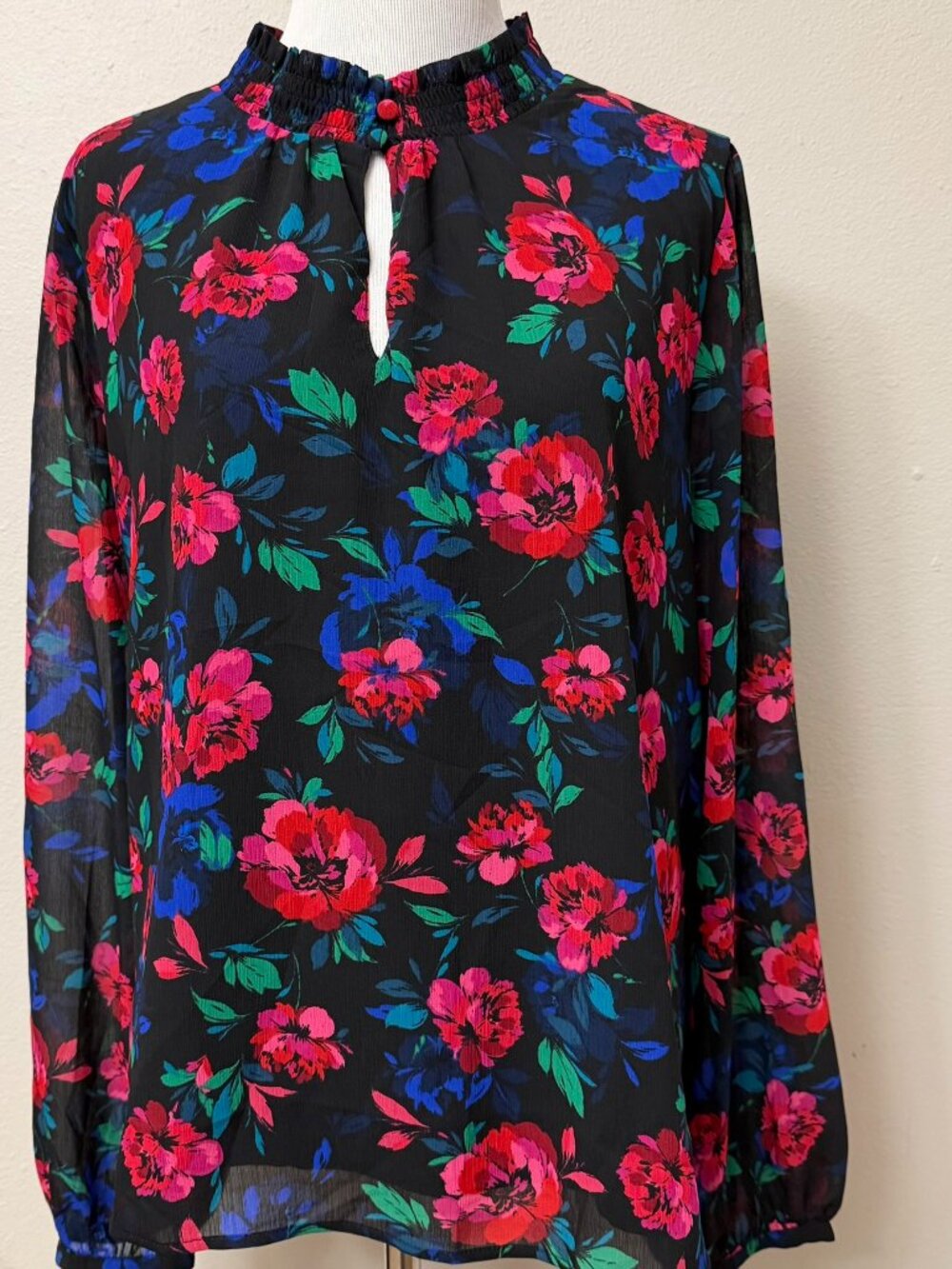 NWT! J.Crew Smocked Keyhole Black Blue Red Floral Blouse 2X